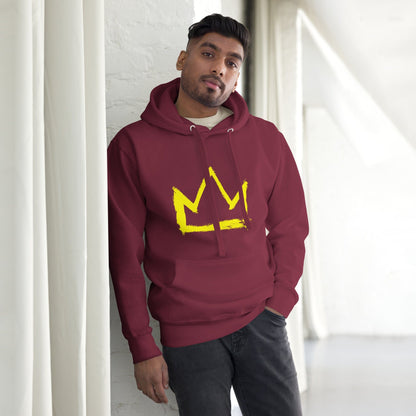 Maroon hoodie with yellow crown graphic, front pocket and drawstring hood