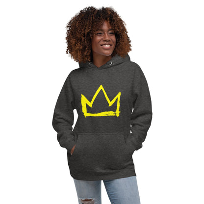 Charcoal heather hoodie with yellow crown graphic, kangaroo pocket and drawstring hood