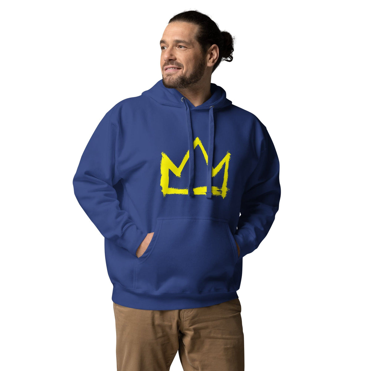 Navy blue hoodie with yellow crown logo, kangaroo pocket and drawstring hood