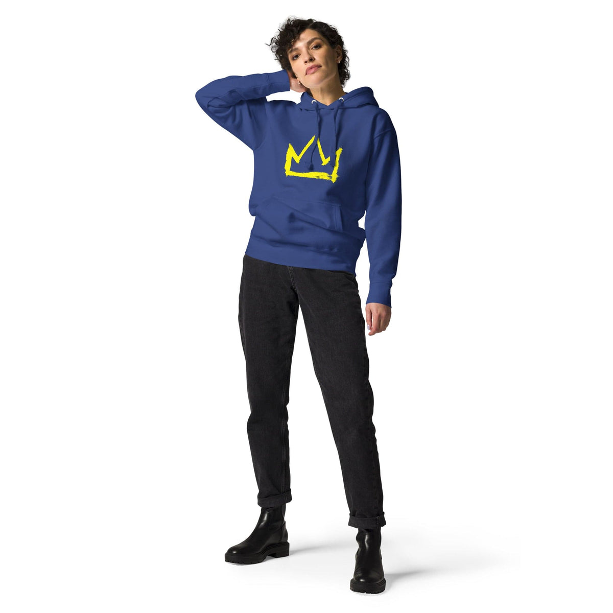 Royal blue hoodie with yellow crown graphic, kangaroo pocket and drawstring hood