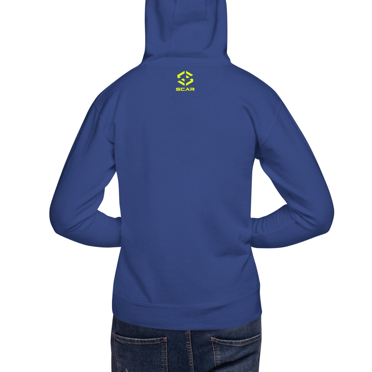 Blue hoodie with small yellow crown logo on chest