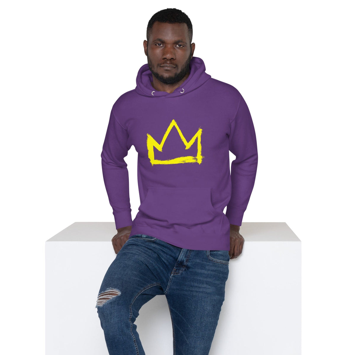 Purple hoodie with yellow crown graphic, front kangaroo pocket and drawstring hood