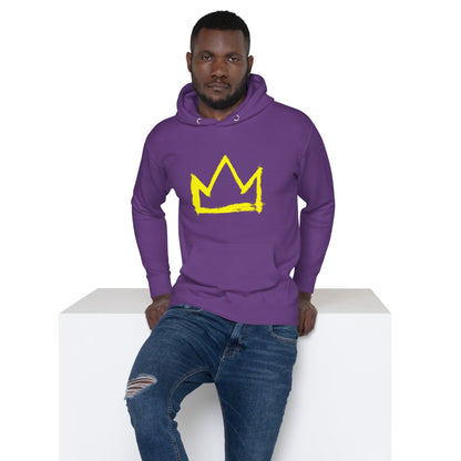Purple hoodie with yellow crown graphic, front kangaroo pocket and drawstring hood
