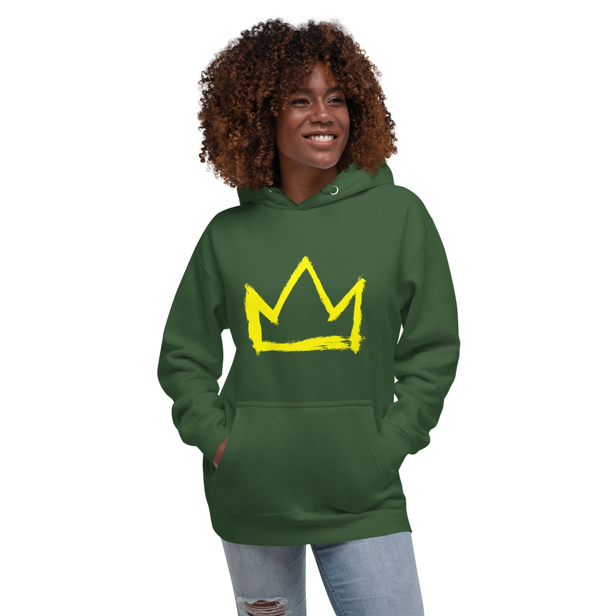 Forest green hoodie with yellow crown graphic, kangaroo pocket and drawstring hood