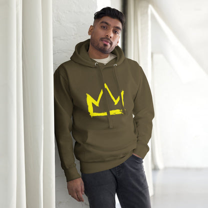 Military green hoodie with yellow crown graphic, front pocket and drawstring hood