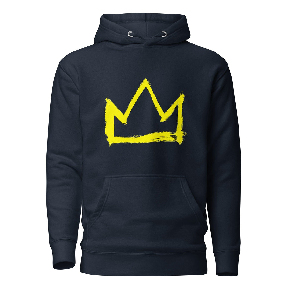Navy hoodie with large yellow crown graphic on back