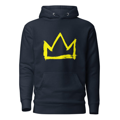 Navy hoodie with large yellow crown graphic on back