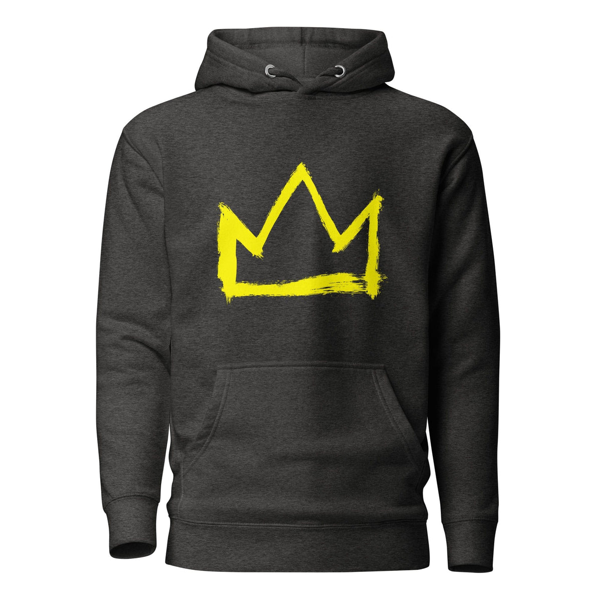 Charcoal heather hoodie with large yellow crown graphic on back