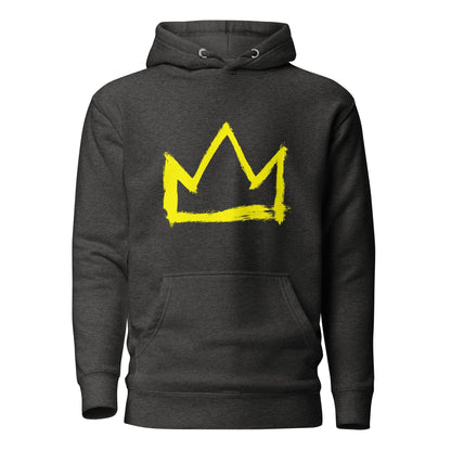 Charcoal heather hoodie with large yellow crown graphic on back