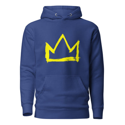 Royal blue hoodie with large yellow crown graphic on back