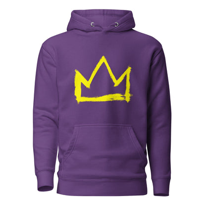 Purple hoodie with large yellow crown graphic on back