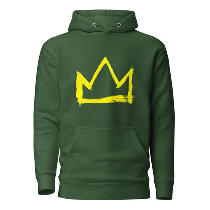 Forest green hoodie with large yellow crown graphic on back