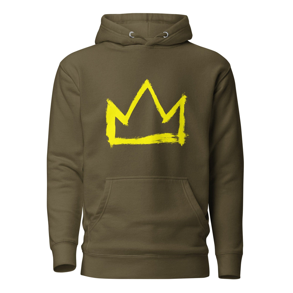 Military green hoodie with large yellow crown graphic on back
