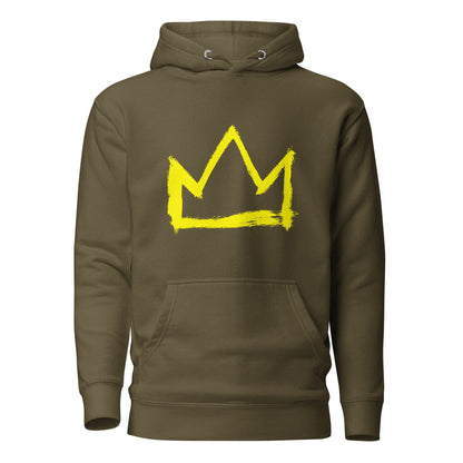 Military green hoodie with large yellow crown graphic on back