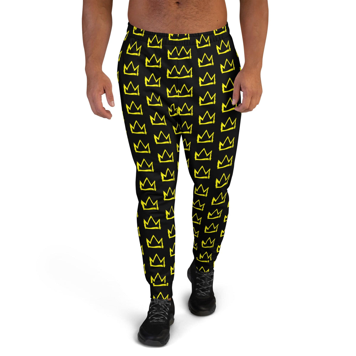 Men's joggers, black with yellow crown pattern, elastic waistband and tapered legs