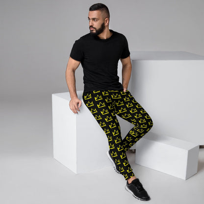 Men's joggers black with yellow crown print, relaxed fit, elastic cuffs