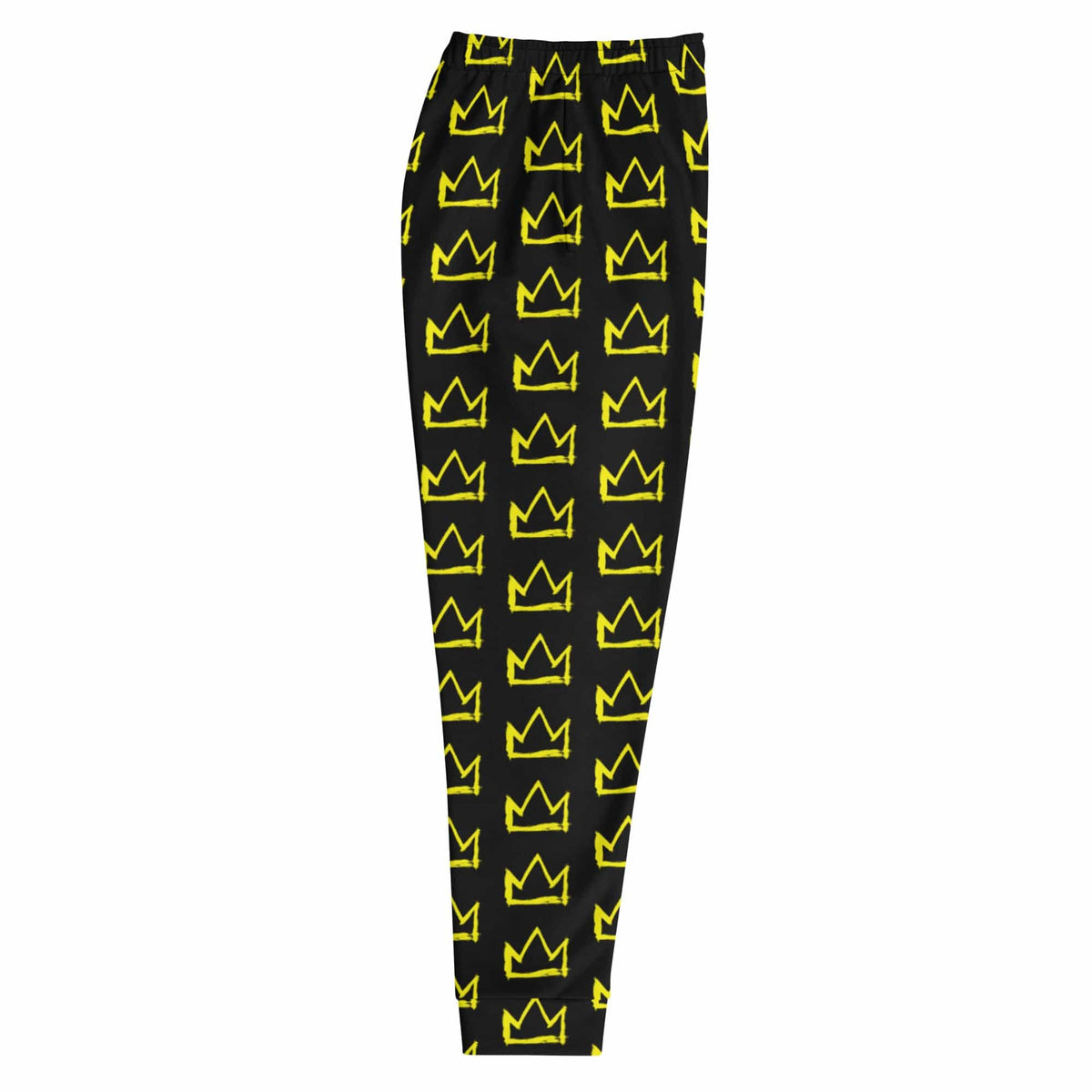 Men's joggers black with yellow crown pattern, full length, elastic waistband