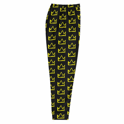 Men's joggers black with yellow crown pattern, full length, elastic waistband