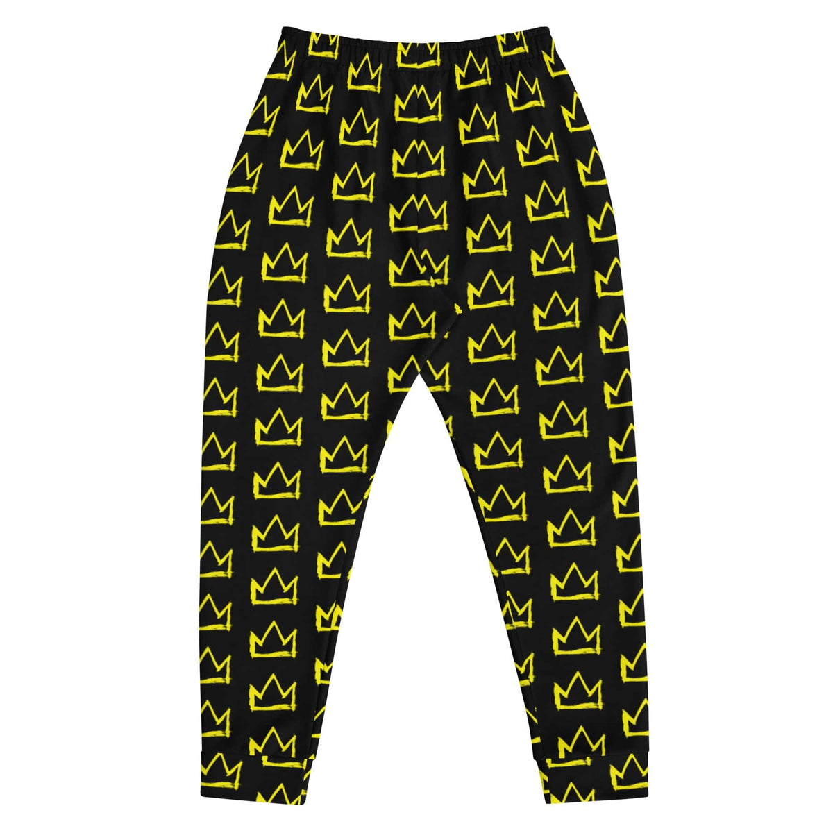 Men's joggers black with yellow crown pattern, front flat lay, elastic waistband