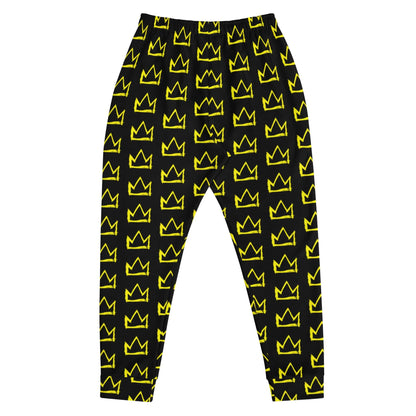 Men's joggers black with yellow crown pattern, front flat lay, elastic waistband