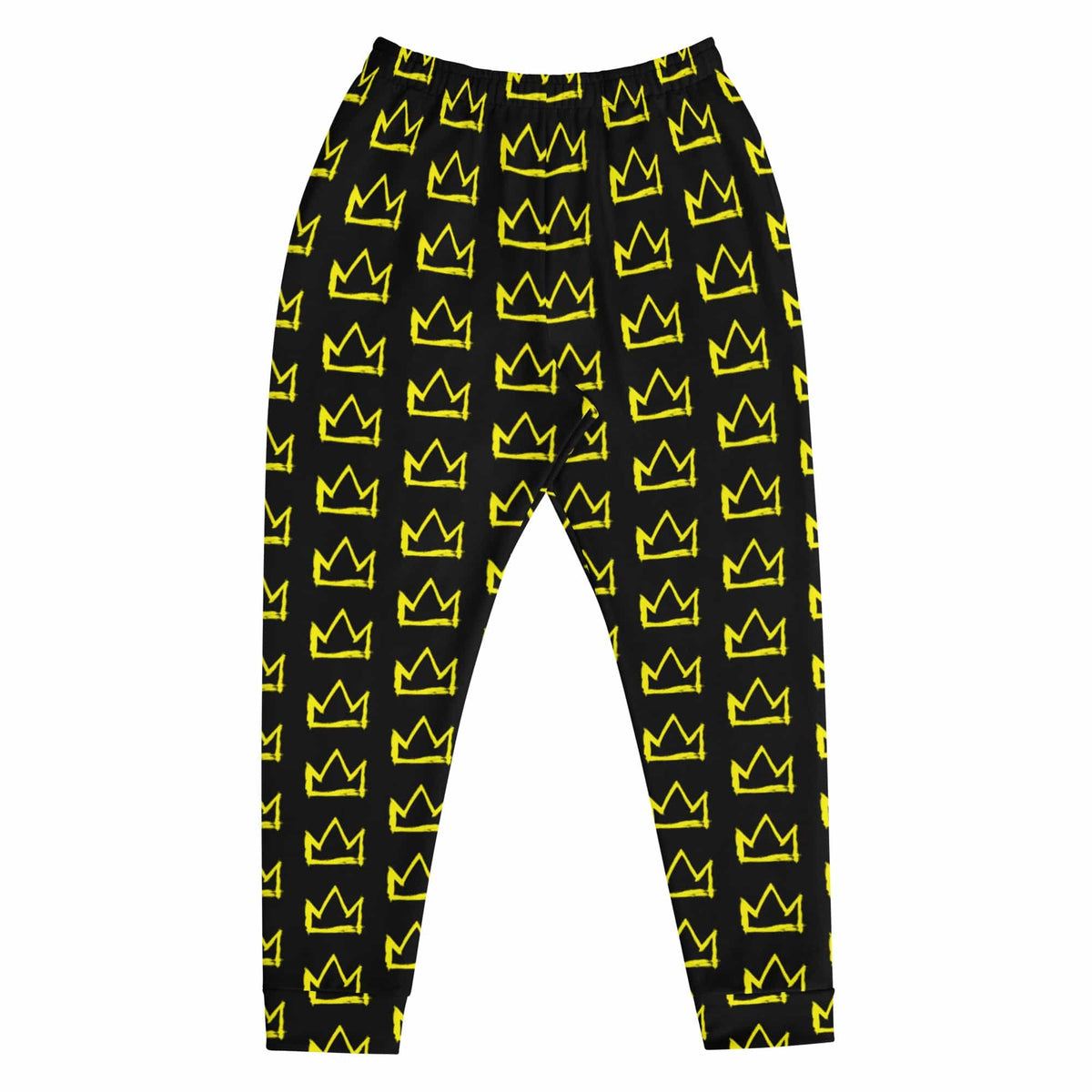 Men's joggers black with yellow crown pattern, front flat lay, long straight legs