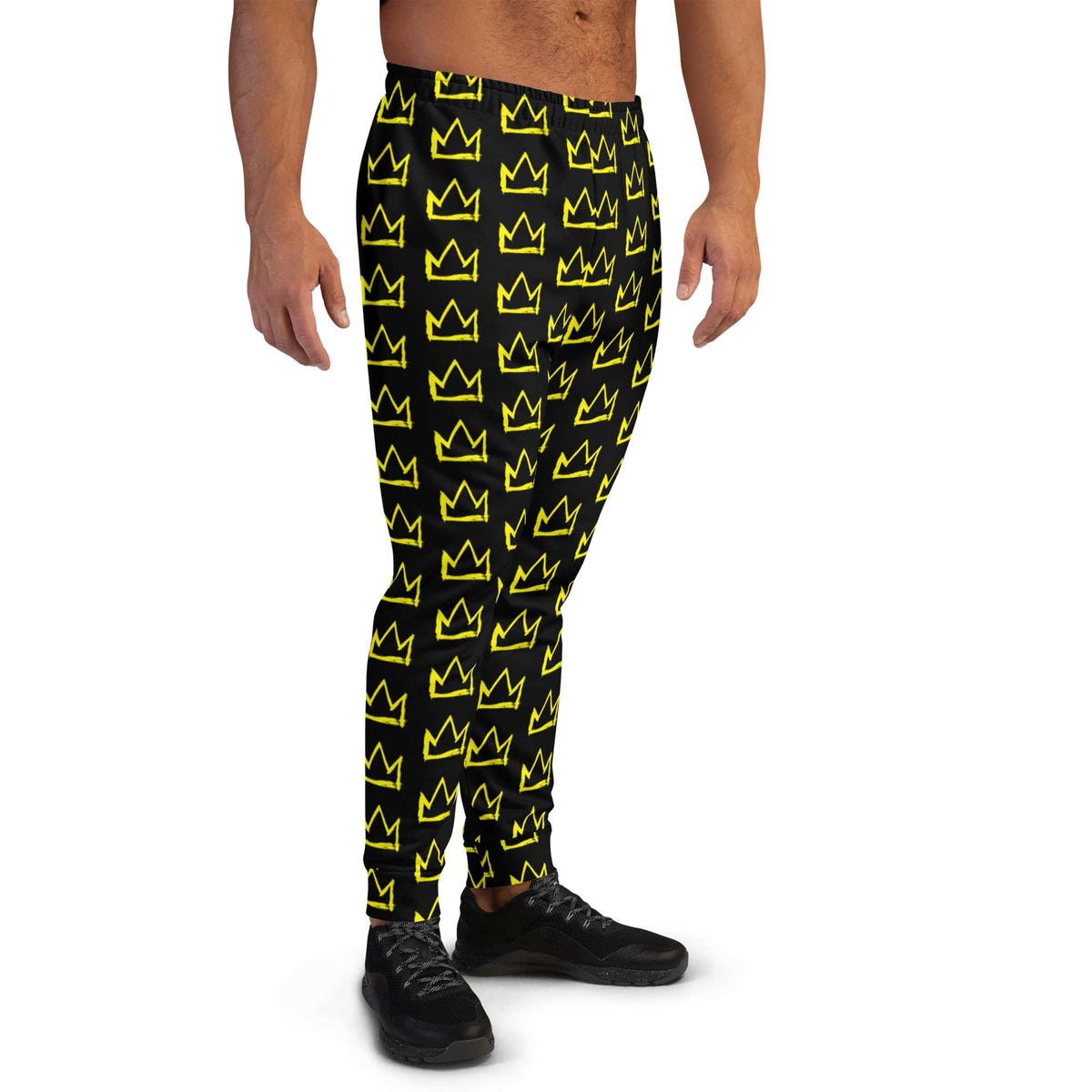 Men's joggers black with yellow crown pattern, front view with elastic ankle cuffs