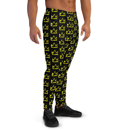 Men's joggers black with yellow crown pattern, front view with elastic ankle cuffs