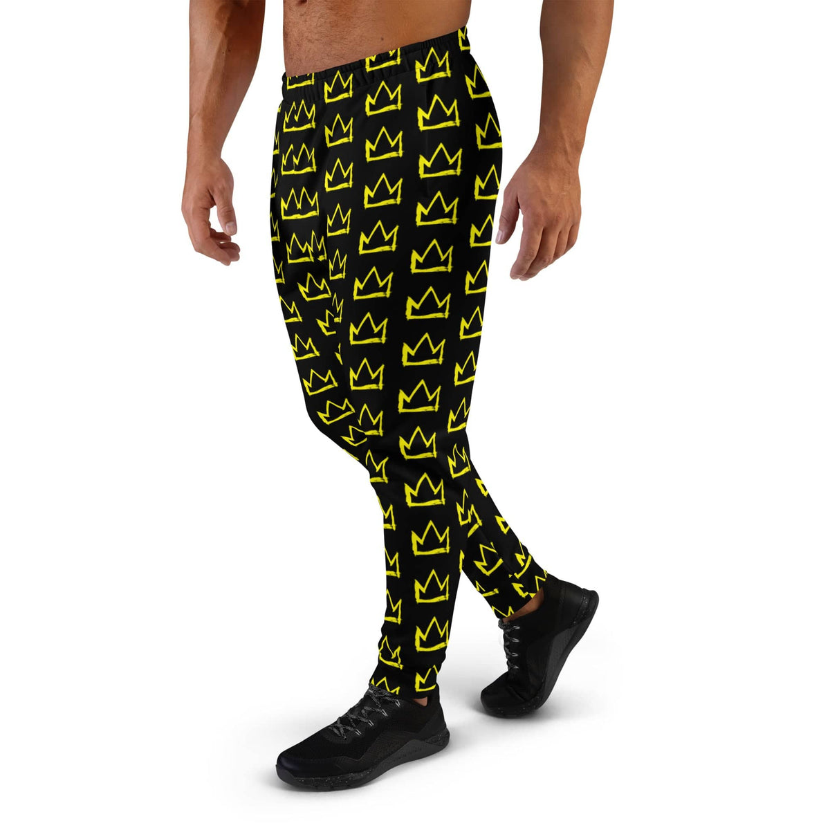 Men's joggers black with yellow crown pattern, full length, slim tapered look