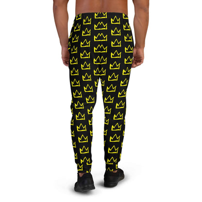 Men's joggers black with yellow crown pattern, rear view, full length