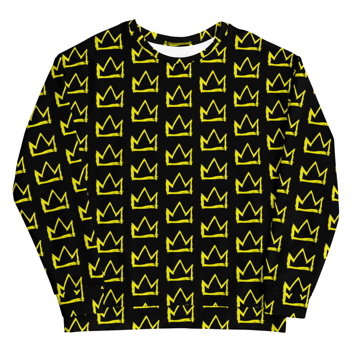 Black crewneck sweatshirt with repeating yellow crown pattern, long sleeves