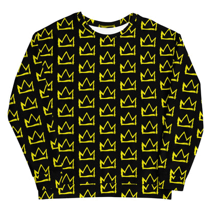 Black crewneck sweatshirt with repeating yellow crown pattern, long sleeves