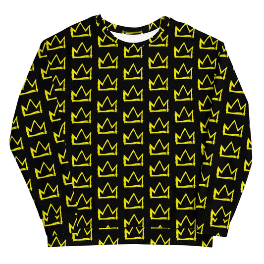 Black crewneck sweatshirt with repeating yellow crown pattern, long sleeves