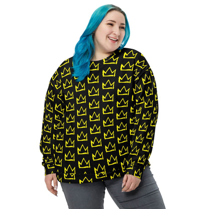Black crewneck sweatshirt with repeating yellow crown pattern, long sleeves, front view