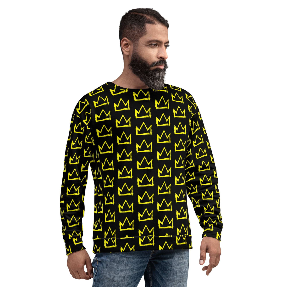 Black crewneck sweatshirt with repeating yellow crown pattern, long sleeves, front view