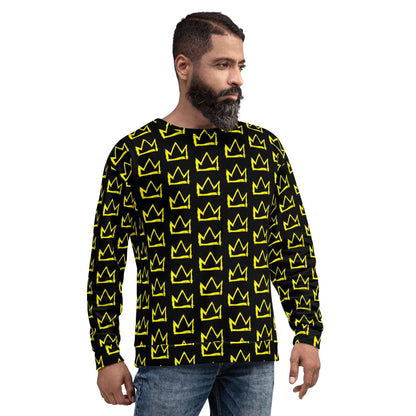 Black crewneck sweatshirt with repeating yellow crown pattern, long sleeves, front view