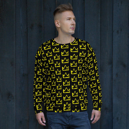 Black crewneck sweatshirt with repeating yellow crown pattern, long sleeves, side profile