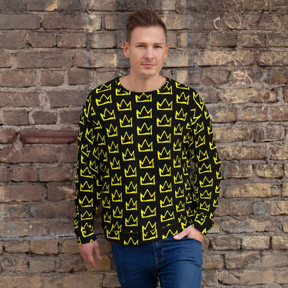 Black sweatshirt with repeating yellow crown icons, crew neck, long sleeves
