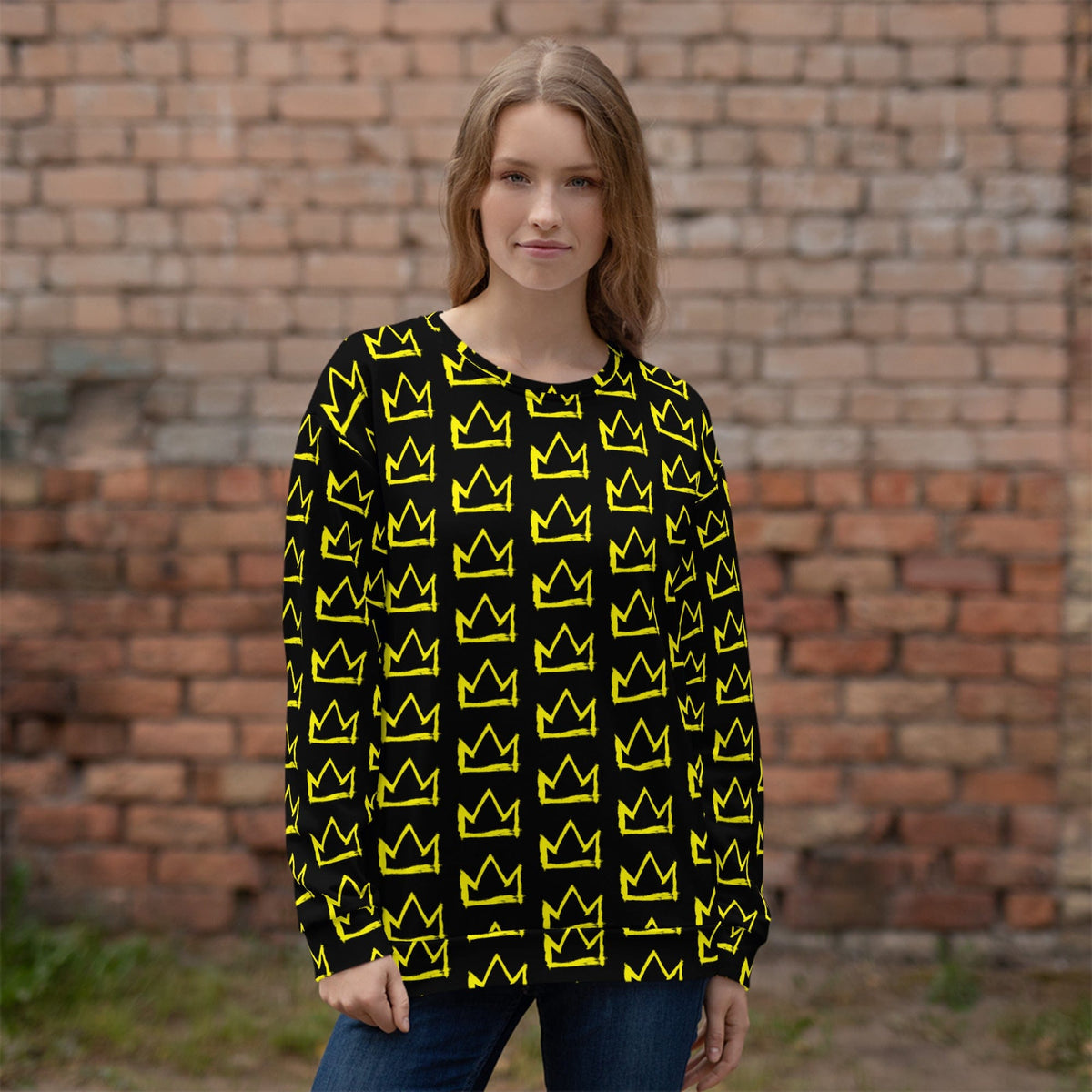 Black crewneck sweatshirt with repeating yellow crown pattern, long sleeves, front view