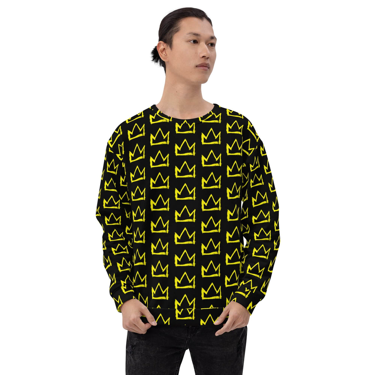 Black crewneck sweatshirt with neon yellow repeating crown print, long sleeves