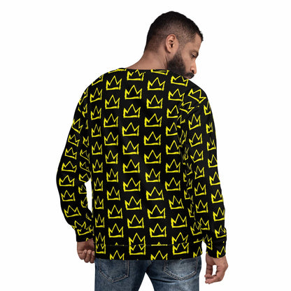 Black crewneck sweatshirt with repeating yellow crown pattern, long sleeves, back view