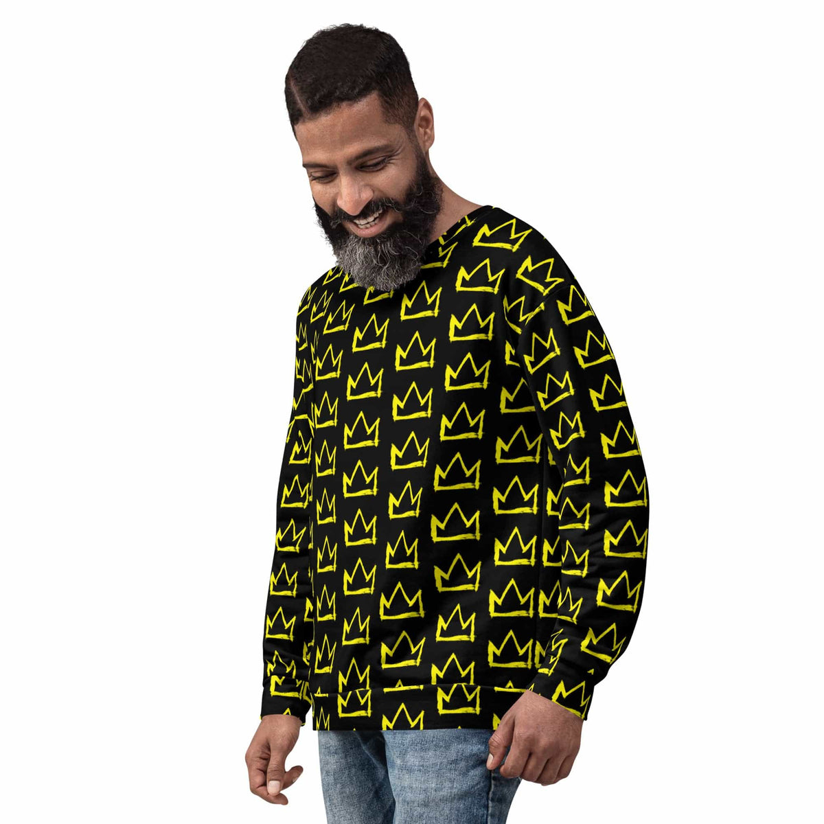 Black crewneck sweatshirt with repeating yellow crown pattern, long sleeves, relaxed front