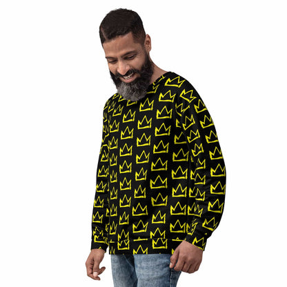 Black crewneck sweatshirt with repeating yellow crown pattern, long sleeves, relaxed front