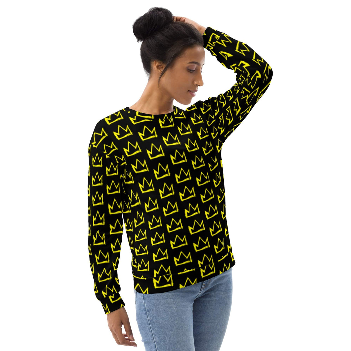 Black crewneck sweatshirt with repeating yellow crown pattern, long sleeves, front view