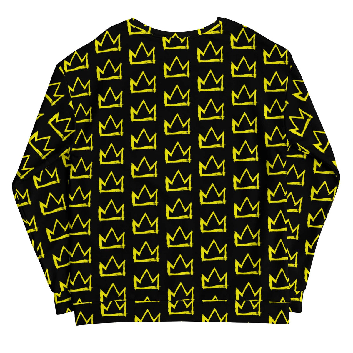 Black sweatshirt with repeating yellow crown pattern, crew neck and cuffs