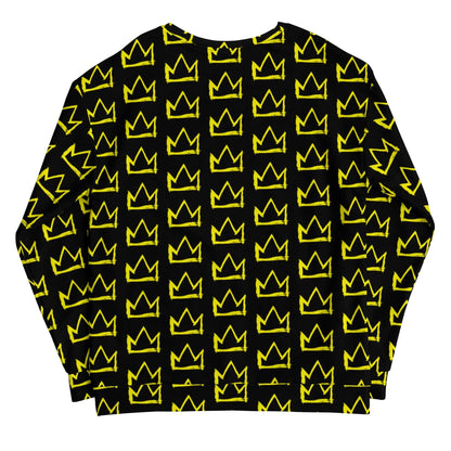 Black sweatshirt with repeating yellow crown pattern, crew neck and cuffs