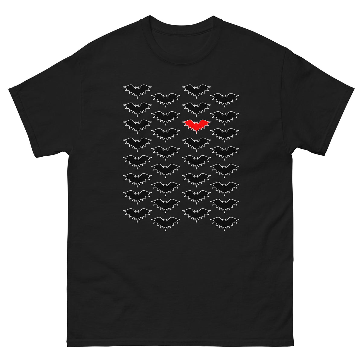 Black T-shirt with clustered bat graphics in gray and a small red bat at center