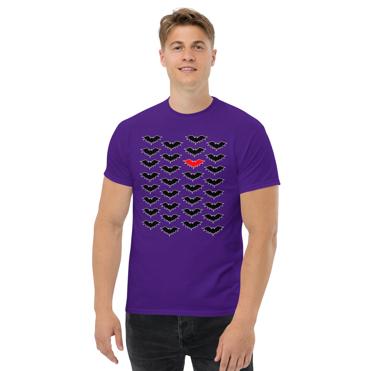 Purple T-shirt with bat cluster print in dark purple/gray and a small red bat in center