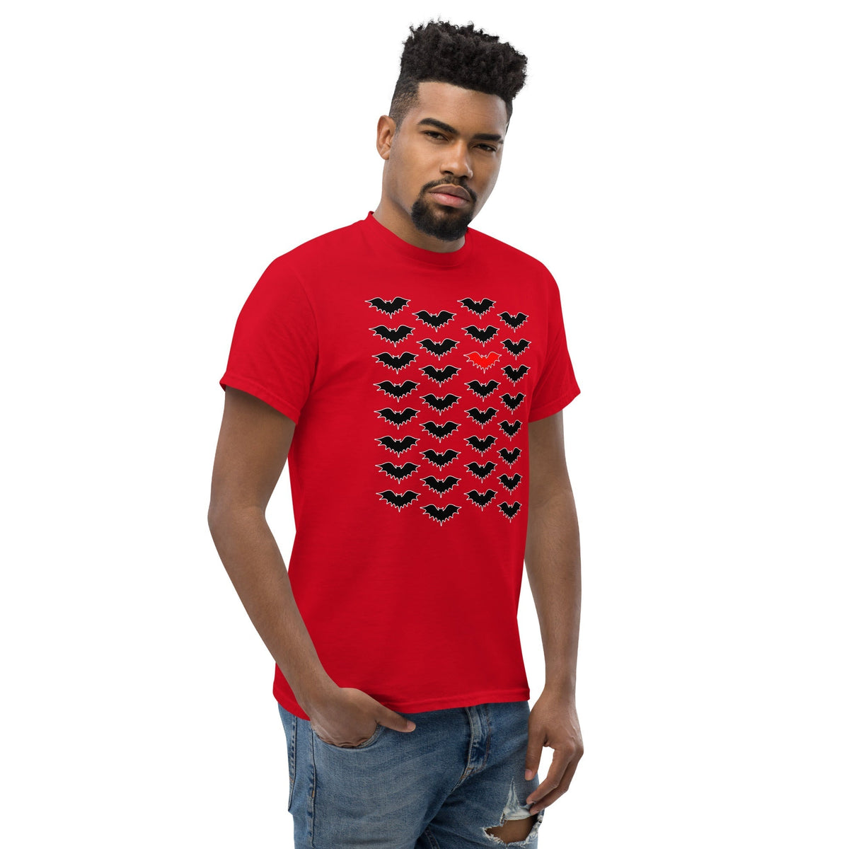 Red T-shirt with repeating black bat icons and a small red bat detail