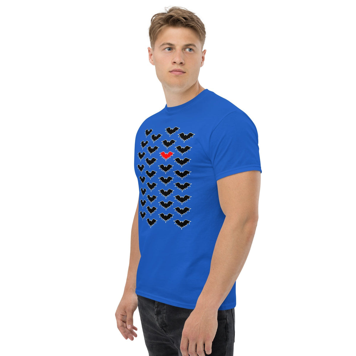 Blue T-shirt with repeating dark bat icons arranged in a heart-shaped cluster