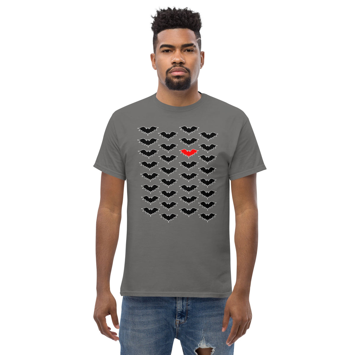 Charcoal gray T-shirt with repeating bat icons in dark gray and a red bat accent